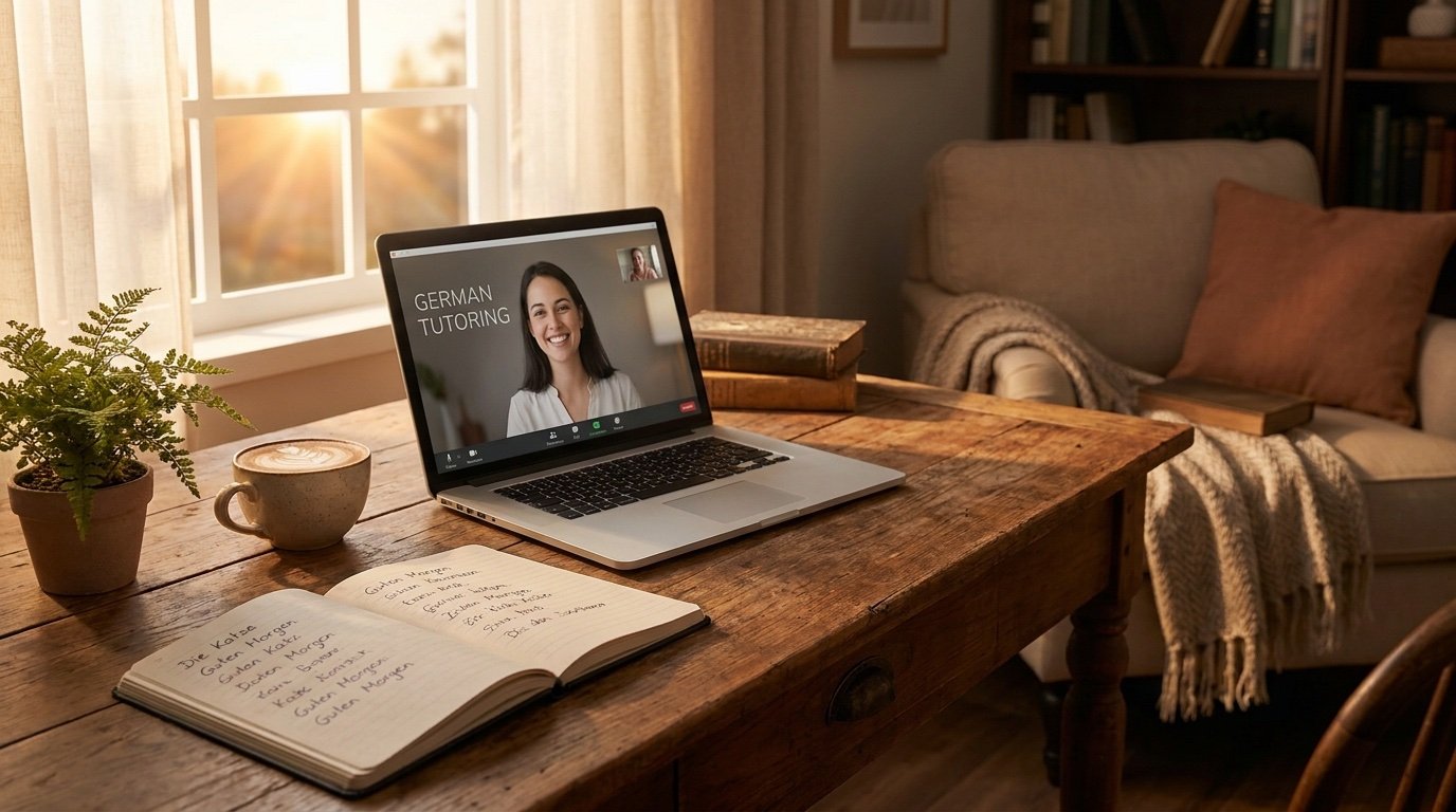 Gemütlicher Lernplatz mit Notizbüchern und Laptop im warmen Licht